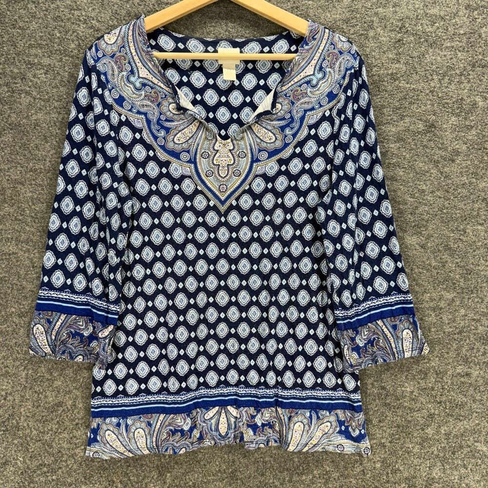 Chico's Blouse Women 0 Blue Geometric V-Neck Long Sleeve Rayon Pullover Casual